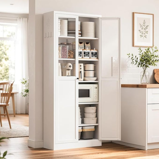 Metal Pantry Cabinet, 72" Kitchen Pantry Cabinet with 2 Doors and 5 Adjustable Shelves, White Steel Storage Cupboard for Dining, Office, Living Room, Bathroom