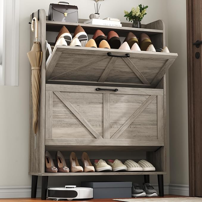 HOMEFORT Shoe Storage Cabinet for Entryway, 30" Freestanding Organizer with Two Flip Drawers, Narrow Hidden Shoe Rack with Wood Legs, Farmhouse Shoe Cabinet for Front Door Entrance,Washed Gray