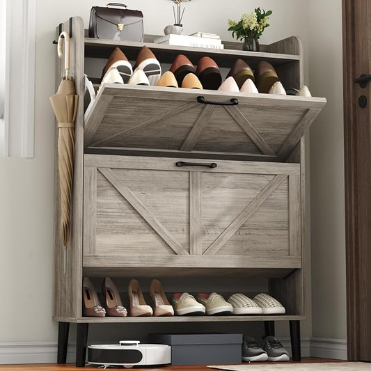 HOMEFORT Shoe Storage Cabinet for Entryway, 30" Freestanding Organizer with Two Flip Drawers, Narrow Hidden Shoe Rack with Wood Legs, Farmhouse Shoe Cabinet for Front Door Entrance,Washed Gray