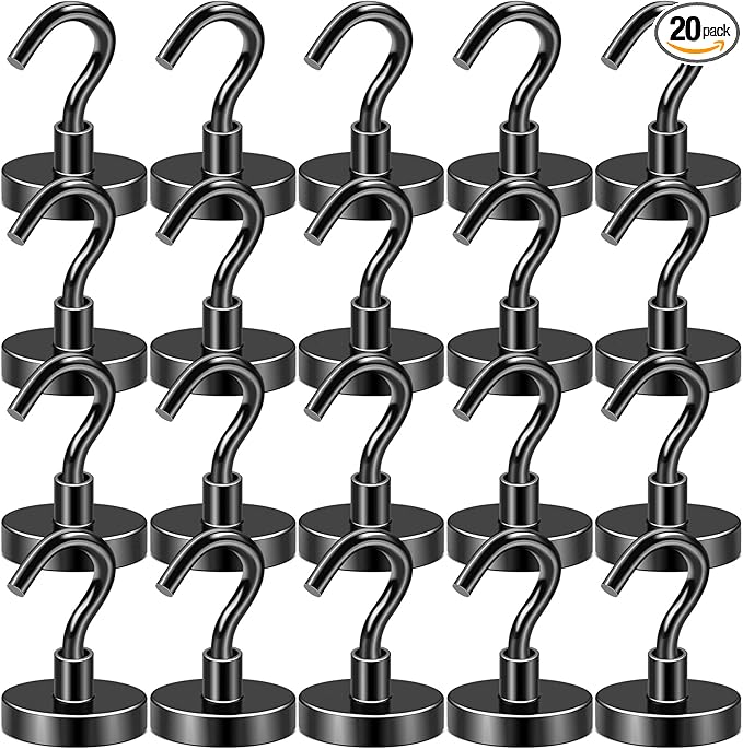 DIYMAG Magnetic Hooks 20pcs 85lbs Cruise Essentials 2026 Magnet Hook Black | Neodymium Heavy Duty Strong Magnets Hanging Ship Cabins Refrigerator Fridge Classroom Beach Vacation Kitchen Grills Home Tool
