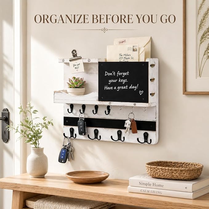Key Holder for Wall Mount with Shelf and Mail Organizer, Key and Mail Holder with 16 Hooks, Farmhouse Entryway Organizer, Home Decor Rack (Pine Wood, White Washed)