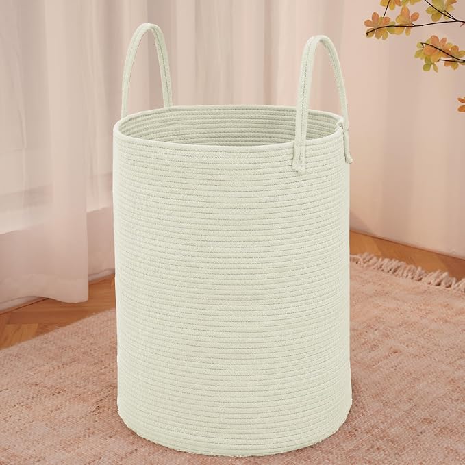JMvicyroam 60L Cotton Rope Laundry Basket Hamper, White | Collapsible laundry basket, reinforced handles, freestanding, machine washable, holds 3-5 thick blankets, clothes or toys