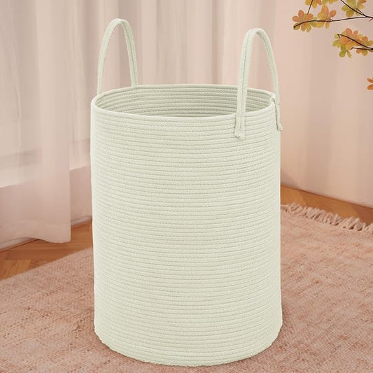 JMvicyroam 60L Cotton Rope Laundry Basket Hamper, White | Collapsible laundry basket, reinforced handles, freestanding, machine washable, holds 3-5 thick blankets, clothes or toys