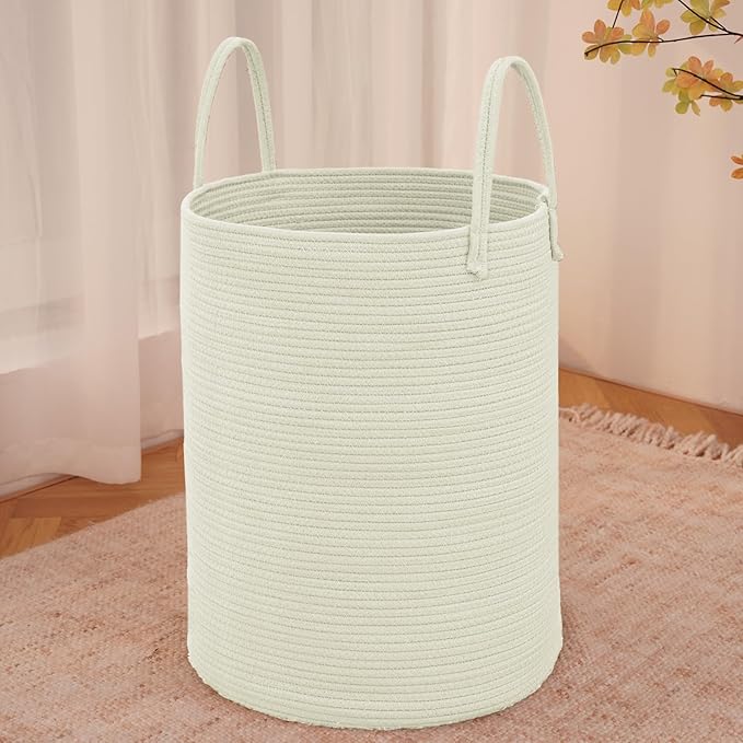 JMvicyroam 80L Cotton Rope Laundry Basket Hamper, White | Collapsible laundry basket, reinforced handles, freestanding, machine washable, holds 3-5 thick blankets, clothes or toys