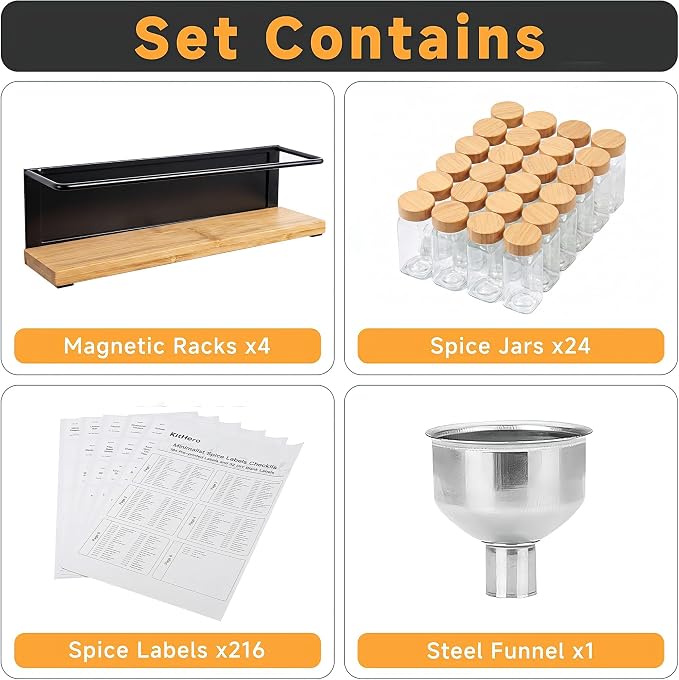 Bamboo Magnetic Spice Rack for Refrigerator, Space Saving Complete Set with 24 Bamboo Lid Glass Jars, 216 Waterproof Labels & Steel Funnel, Fridge Spice Organizer, 11.6" W x 2.4" D x 3.2" H