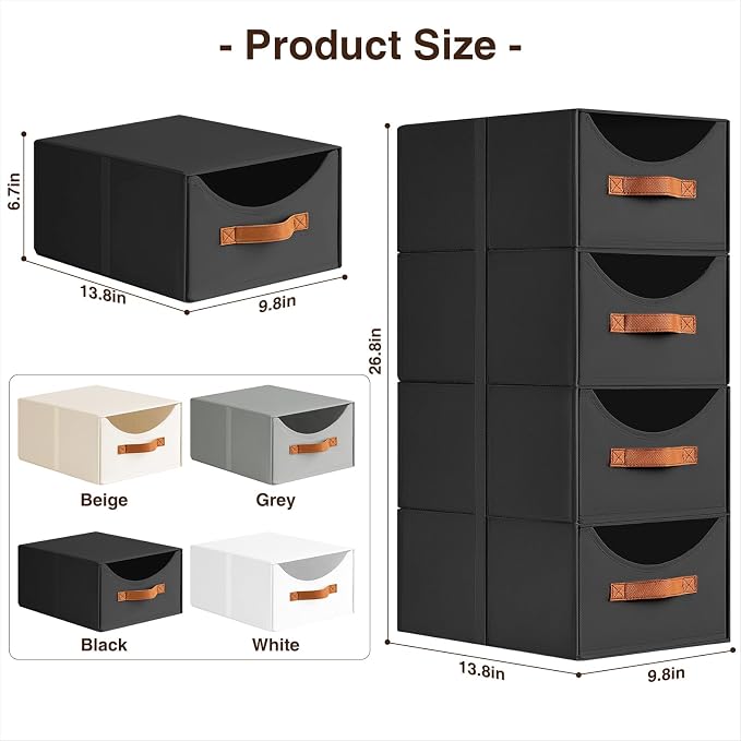 Homsorout Stackable Storage Drawers - Collapsible Storage Bins with Drawers, 6 Pack Closet Shelf Organizer Basket, Fabric Pull Out Organizer for Bedroom, Living Room, Dorm, Black