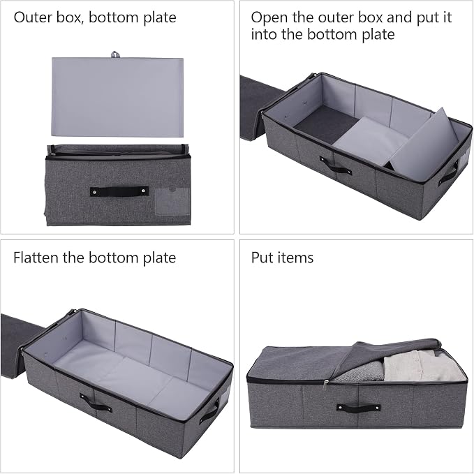 Under Bed Storage Bins with Lids, Closet Organizers, Foldable Under-bed Storage Baskets for Sheets, Clothes, Quilts, Sweaters, Wrapping Paper, 29x15x7inch, Black Gray, 2PCS