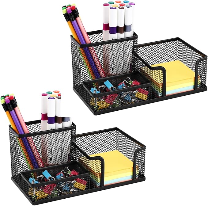 2-Piece Desk Pen & Pencil Organizer - Mesh Metal Pen Cup with Sticky Notes Holder, Black | Pen Cup