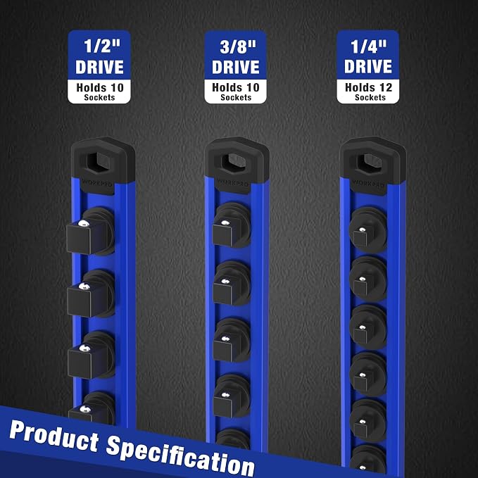 WORKPRO Magnetic Socket Organizer, Heavy Duty 1/4-Inch Drive Socket Rail | 1 Piece Socket Holder with 12 Spots, Aluminum Alloy, Rotatable & Movable Clips, Efficient Organization