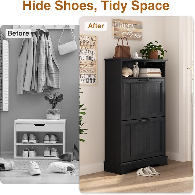 24" W Hidden Shoe Storage Cabinet with 2 Flip Drawers & Open Storage | Farmhouse Modern Shoes Rack Cabinet,Adjustable Shelves, Narrow Slim Shoes Organizer for Front Door Entrance, Entryway,Black