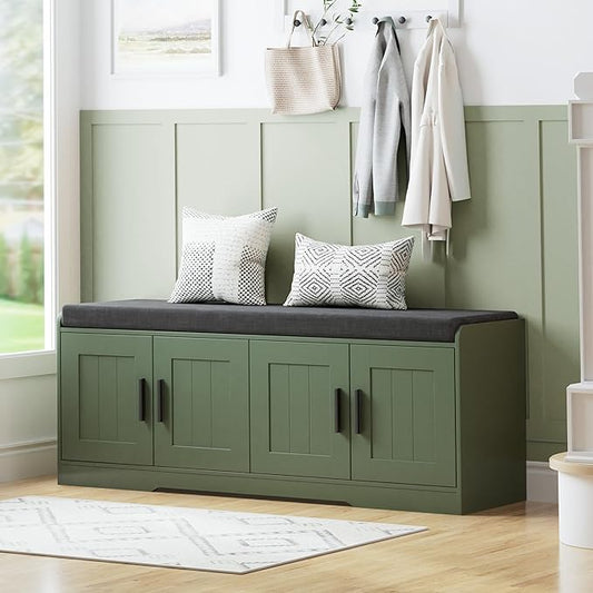Homleke Shoe Storage Bench, 4 Doors & Thickened Padded Seat Cushion | 2-Tier Shoe Bench, Entryway Bench, Adjustable Shelf, 13.8" D x 45.3" W x 18.5" H, for Living Room, Bedroom, Green