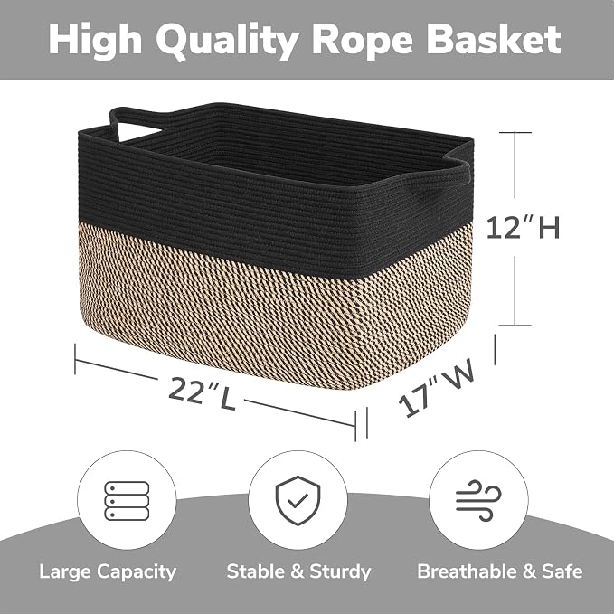Goodpick 75L Extra Large Woven Blanket Basket, 22" x 17" x 12", Black Jute | Decorative Rectangle Basket for Blankets, Pillows & Toys Storage, Living Room & Bedroom Organization, Nursery & Home Decor