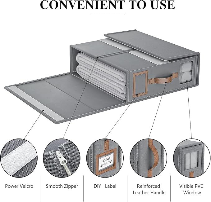 6 Pack Foldable Bed Sheets Set Organizers and Storage(King & Queen Size),Linen Fabric Closet Organizers with Window,Folding Bedding Storage Box for Bedsheets and Pillow Cube Organizer-Gray