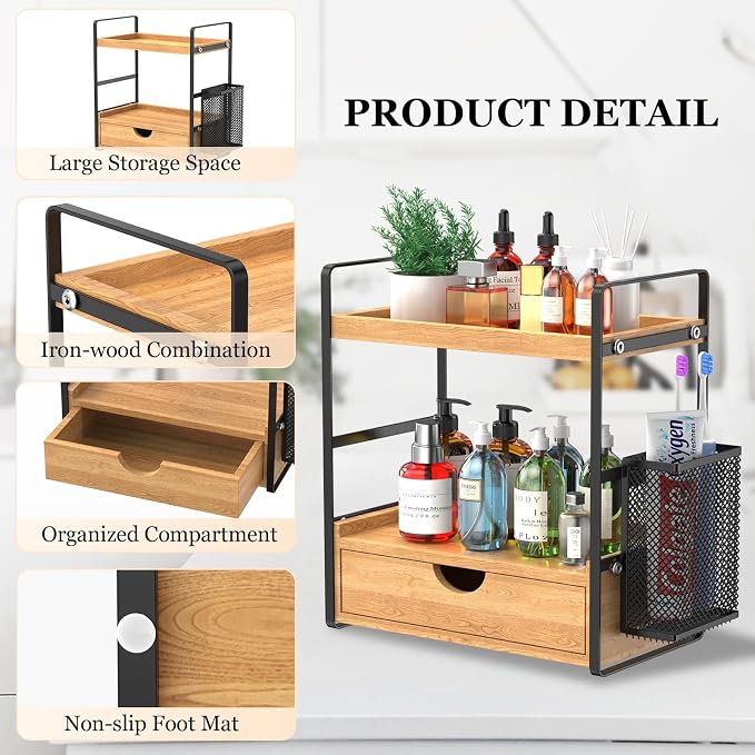 Bathroom Counter Organizer with Drawer and Basket,Wood Countertop Organizer for Bathroom Decor Makeup Tray for Perfume Skincare Bedroom Kitchen Corner