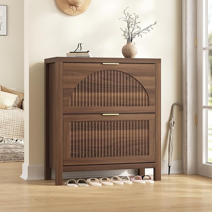 Fluted Shoe Cabinet Storage with 2 Flip Drawers for Entryway, Hallway | Hidden Shoe Rack Slim Freestanding Hidden Shoe Organizer for Foyer, Hallway, Living Room, Walnut