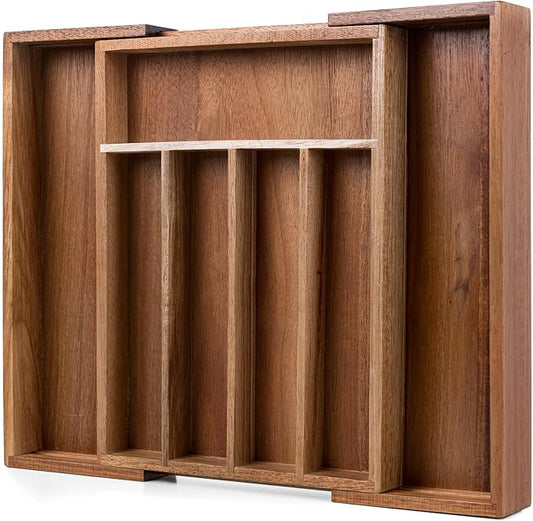 Fibogollo Expandable Acacia Wood Silverware Organizer，5-7 Slots | Adjustable Drawer Organizer,Flatware and Utensils Organizer Tray,Utensil Holder（10.2-16.1 x 13.8 x 2 inch）