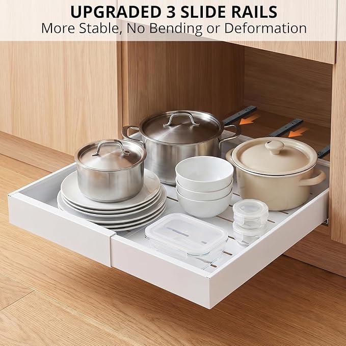 DOMNIU 4 Pack Pull Out Cabinet Organizers Expandable Width (12.4''-20.27'') | Upgrade 3 Slide Rails Sliding Drawer for Kitchen Cabinet Organizer with Adhesive Nano Film, White