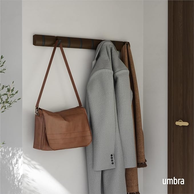 Umbra Flip Coat Rack, Wall Mount 8-Hook, Space Saving, Walnut/Black | Real wood and steel build, retractable hooks fold flat, holds coats bags and scarves, easy install
