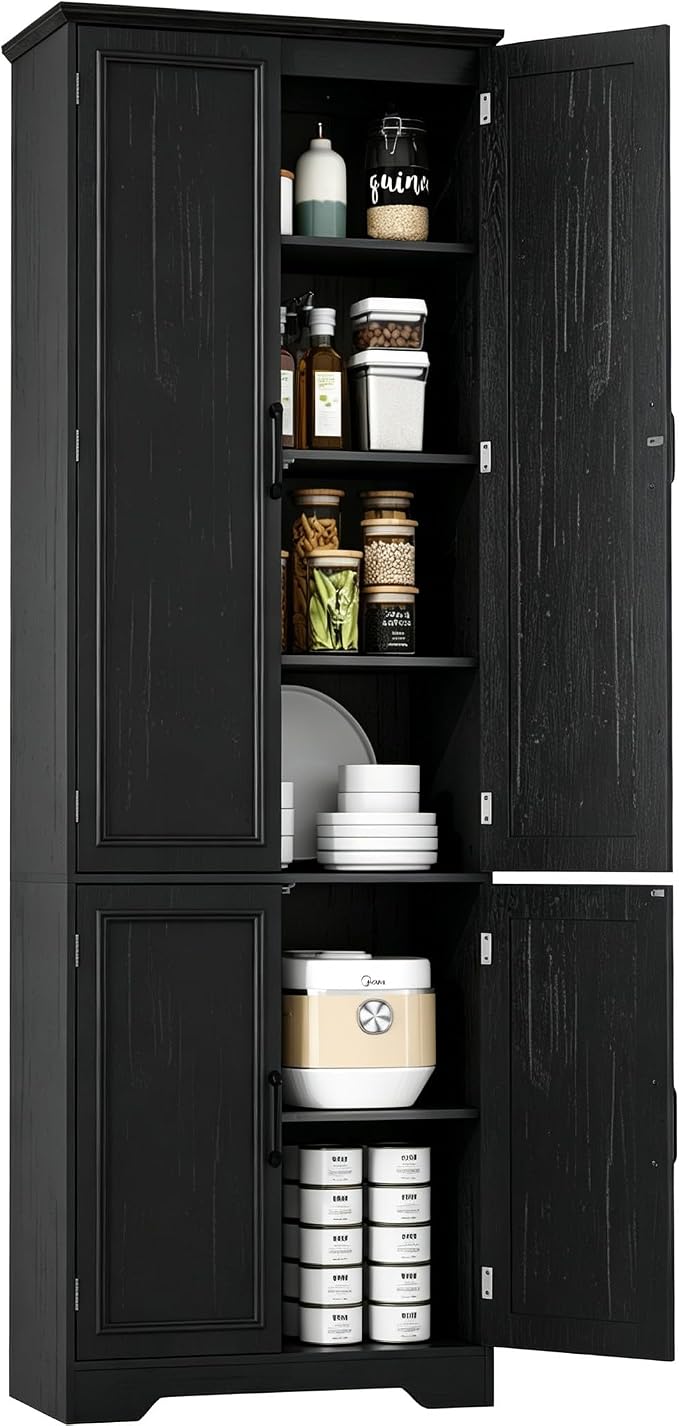 Function Home 72" Kitchen Pantry Cabinet, Tall Wood Farmhouse Storage Cabinet with Doors and Adjustable Shelves, 6 Tier Freestanding Cupboard for Kitchen Dining Room Living Room Bathroom, Black