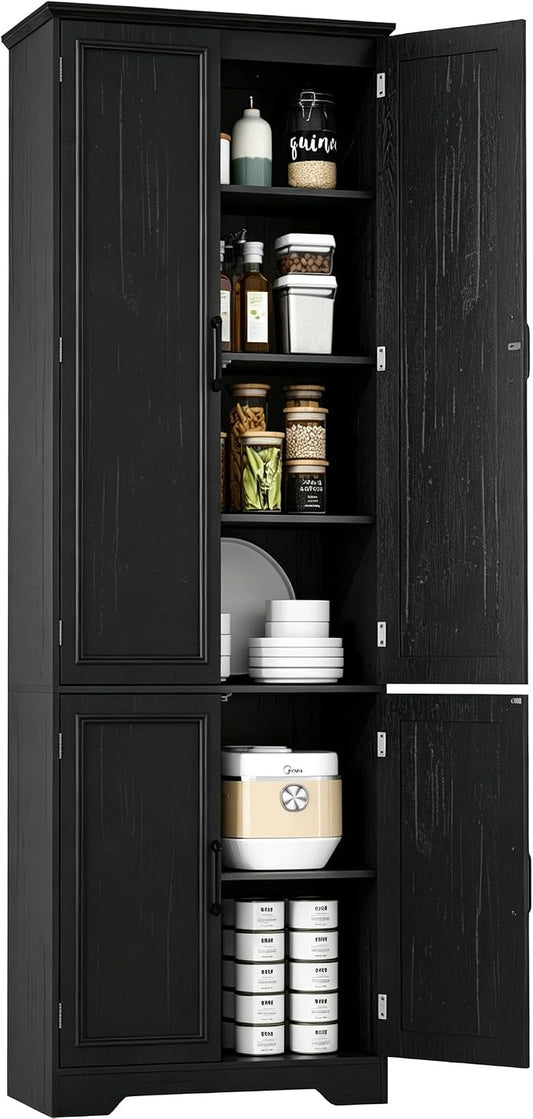 Function Home 72" Kitchen Pantry Cabinet, Tall Wood Farmhouse Storage Cabinet with Doors and Adjustable Shelves, 6 Tier Freestanding Cupboard for Kitchen Dining Room Living Room Bathroom, Black