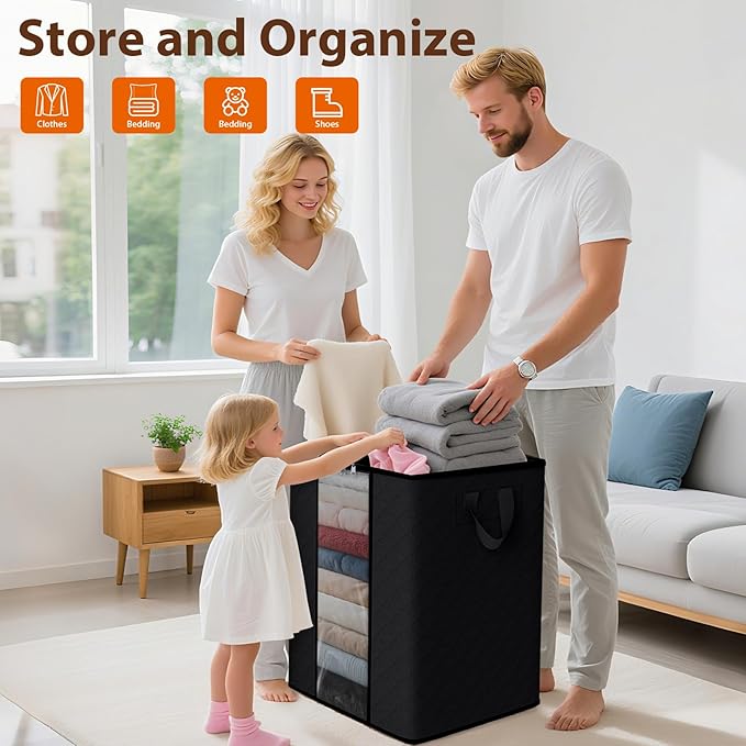 SpaceWhisper 8 Pack 100L Clothes Storage, Foldable Thick Fabric Blanket Storage Bags, Containers for Organizing Bedroom, Closet, Clothing, Comforter,Closet Organization with Handle,Black