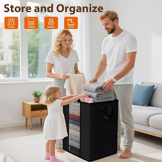 SpaceWhisper 4 Pack 100L Clothes Storage, Foldable Thick Fabric Blanket Storage Bags, Containers for Organizing Bedroom, Closet, Clothing, Comforter,Closet Organization with Handle,Black