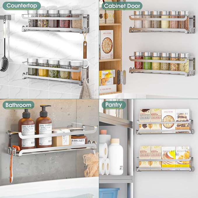 LUCYCAZ 4 Pack Wall Mounted Spice Rack for Kitchen Cabinet,RV,Camper,Sliver | 16 Metal Hooks, Space-Saving,Screw or Adhesive Spice Shelf Hanging,for Pantry Door Spice Jars & Seasonings,11.41×2.75×2.36in