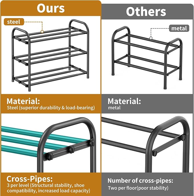 Hleelomi 3-Tier Metal Expandable Shoe Rack for Closet and Entryway Black | Adjustable Shoe Organizer for Closet,Living Room,Dorm,Garage,Fits Small Spaces, Apartments and Rentals