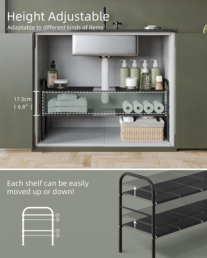 Under Sink Organizers and Storage,Expandable under cabinet organizer Shelf | 2 tier expandable shelf for kitchen and bathroom,shoe rack,8 Removable ABS Panels,Adjustable partition height,20.6-32.2" W