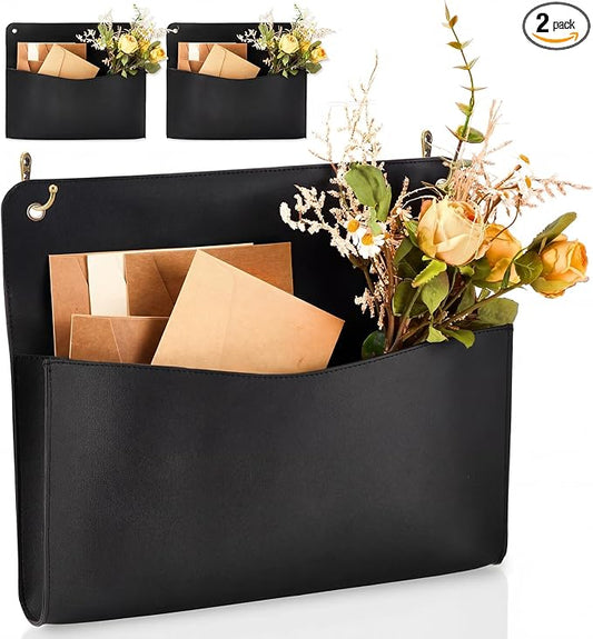 2 Set PU Leather Mail Holder Wall Mount 12.2x10.24 Inch Leather Letter Holder 2 Ring Binder Hanging Wall File Organizer Mail Sorter for Decor Storage Letter Postcard Flower Home Office(Black)