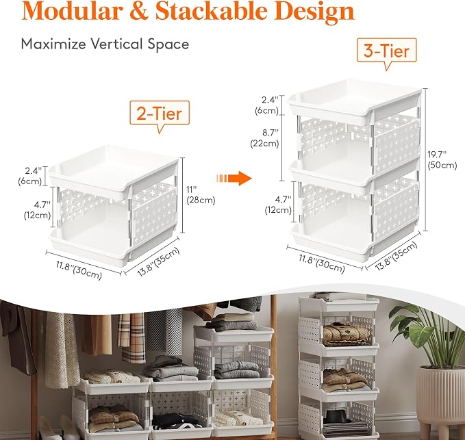 Lifewit 3 Tier Plastic Stackable Storage Baskets for Clothes 1 Pack, White | Stacking Bins for Food, Multifunctional Organizer for RV, Kitchen, Playroom, Pantry and Bathroom