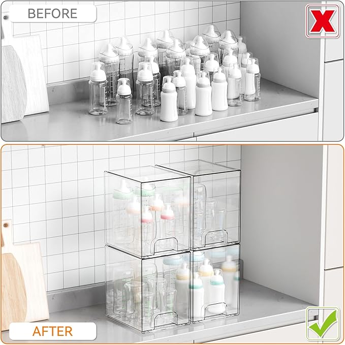2 Pack Clear Stackable Storage Drawers,7.6" H Baby Bottle Organizer,Acrylic Drawer Containers for Cosmetics,Skincare,Beauty Products,Cabinet,Vanity,Kitchen,Under Sink and Bathroom Storage Bins