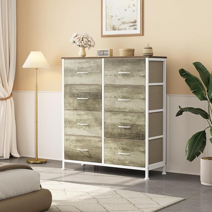 OLIXIS 8 Drawer Storage Dresser for Bedroom, Closet Organizers Units | Fabric Dresser with Wooden Top, Chest of Drawers Clothes Storage, Tower Cabinet, TV Stand Furniture, Oak Greige