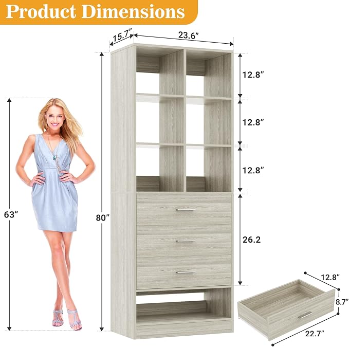 Homieasy Closet System Organizer with 3 Drawers and Partition Storage, Freestanding Wardrobe Organizer Modular with Shoe Shelf, Expandable for Walk-in or Reach-in Closets, White Oak