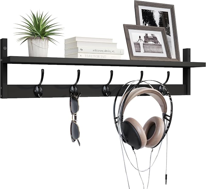 BAMEOS Wall-Mounted Shelf with Hooks - 28.9 Inch Entryway Hanging Shelf with 5 Dual Hooks for Bathroom, Living Room, Bedroom (Black)
