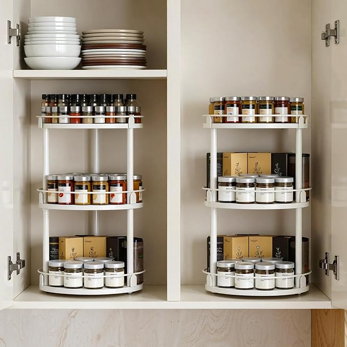 YATINEY Lazy Susan Organizer, Rotating Spice Rack, 3 Tier Spice Turntable Organizer, Industrial Turntable Spice Holder, for Kitchen Countertop and Cabinet, Compact and Versatile, White SR23WW