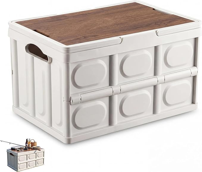 Collapsible Storage Bins with Lids, Camping Storage Box | 30L PP camping storage box with wooden lid, collapsible for campers, home storage, travel and outdoor organization.