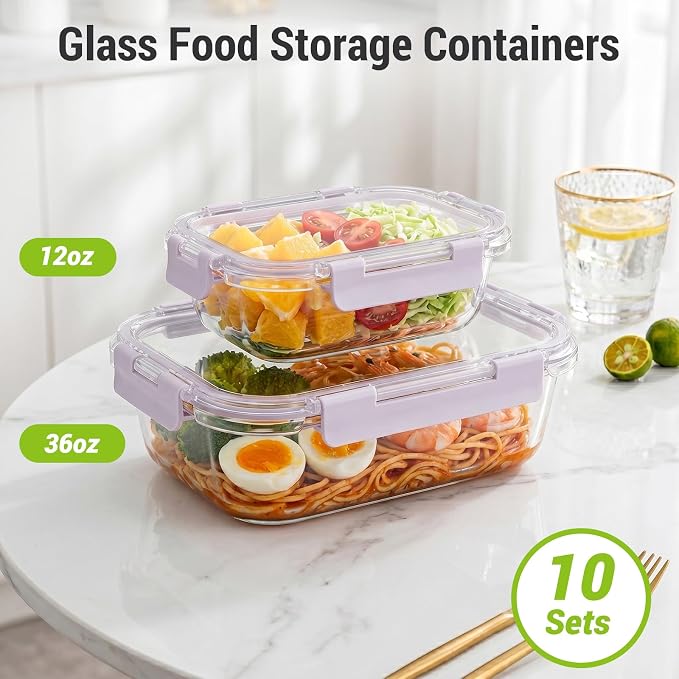 Dealusy 10 Sets (20-Piece) 36 oz & 12 oz Glass Food Storage Containers with lids, Airtight Leak-proof Glass Meal Prep Containers with Lids, Microwave Oven Freezer Dishwasher Safe, Purple