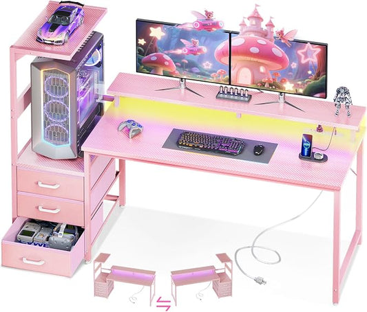 AODK 59 Inch Gaming Desk with USB Charging Ports & LED Light- Reversible Computer Desk with Storage Shelves & Monitor Stand, Modern Gamer Desk Table with Fabric Drawers, Pink