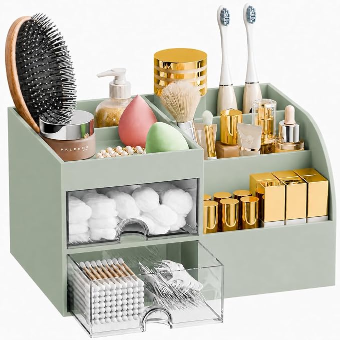 Makeup Organizer with 2 Drawers, Makeup Organizers Countertop for Vanity and Bathroom, Make up organization and Skincare Storage with Brush Holder, for Dresser, Desktop, Cosmetic Display Case(Green)