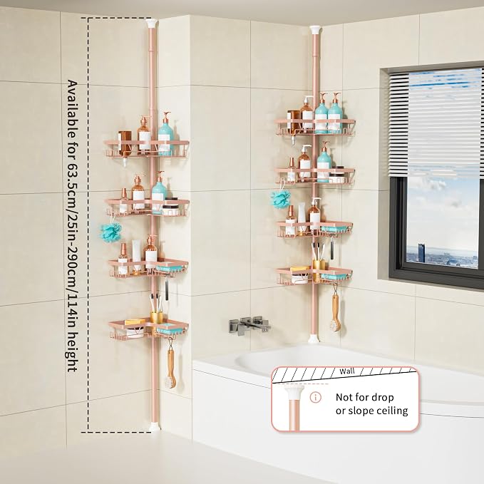 KEGII Corner Shower Caddy Tension Pole, Bathroom Organizer, Blush Nude | 28 Hooks, Soap Holder and Razor Rack for Family Bathrooms, 4-Tier Storage with Rustproof Steel, Fits 25-114.2 inch Heights
