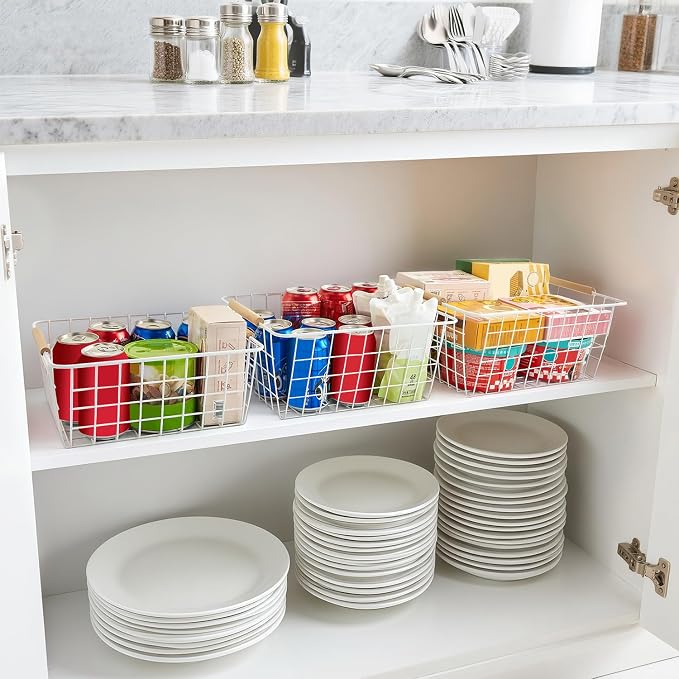 LeleCAT white wire baskets for organizing with Wooden Handles Storage Organizer Baskets, Household snack basket for Cabinets, Pantry, Closets, Bedrooms, pantry organizers and storage - Set of 2（White）