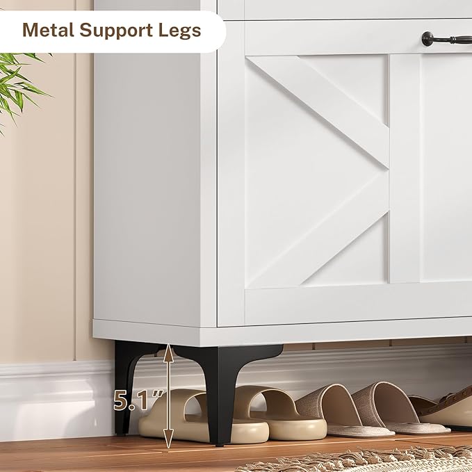 Shoe Cabinet with 2 Flip Drawers & Top Drawer, Farmhouse Narrow Shoe Storage Cabinet with Adjustable Shelves & Hooks, Freestanding Hidden Slim Shoe Rack Cabinet for Entryway, Hallway, White