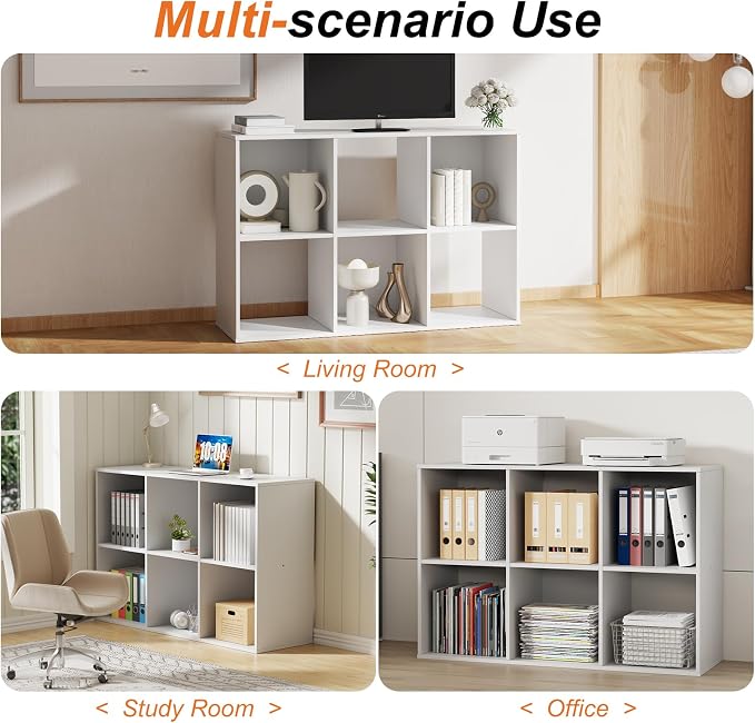 Sweetcrispy 6 Cube Storage Organizer, Stackable Modular Bookcase Shelf | Vertical or Horizontal Use, Fits 11×11" Bins, Removable Back Panels, for Living Room, Office, Entrance White Wood
