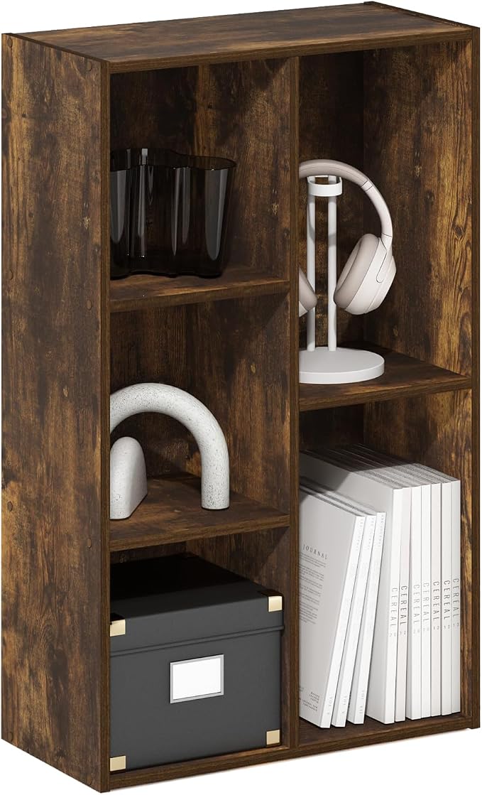 Furinno LUDER Book Shelf, 5-Cube Bookshelf, Open Storage Shelf Bookcase, Easy Assembly, 9.4" x 19.7" x 31.5", for Living Room, Bedroom, Home Office, Amber Pine