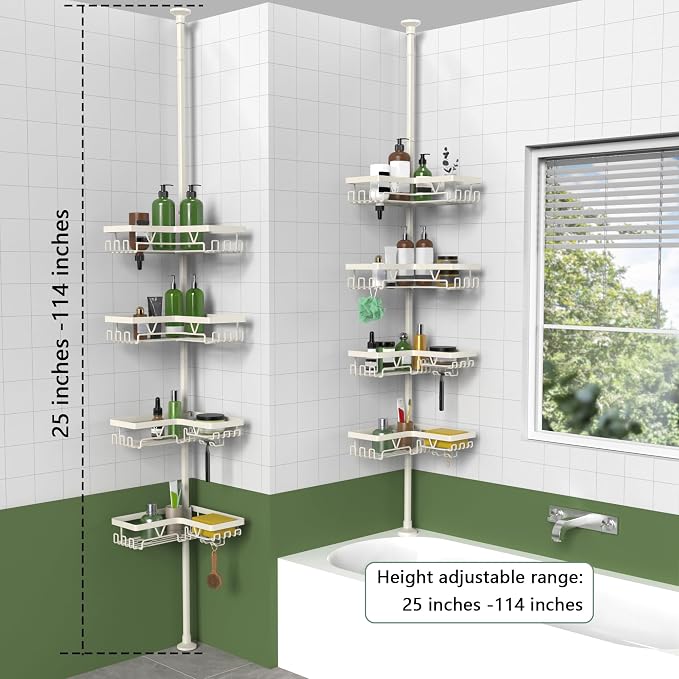 KEGII Shower Corner Caddy Tension Pole, Corner Bathtub Shelf, Cream White | Rustproof, Waterproof, 4-Tier Shower Storage with Hooks, Soap Holder and Razor Rack, No Drill Organizer for Inside Showers