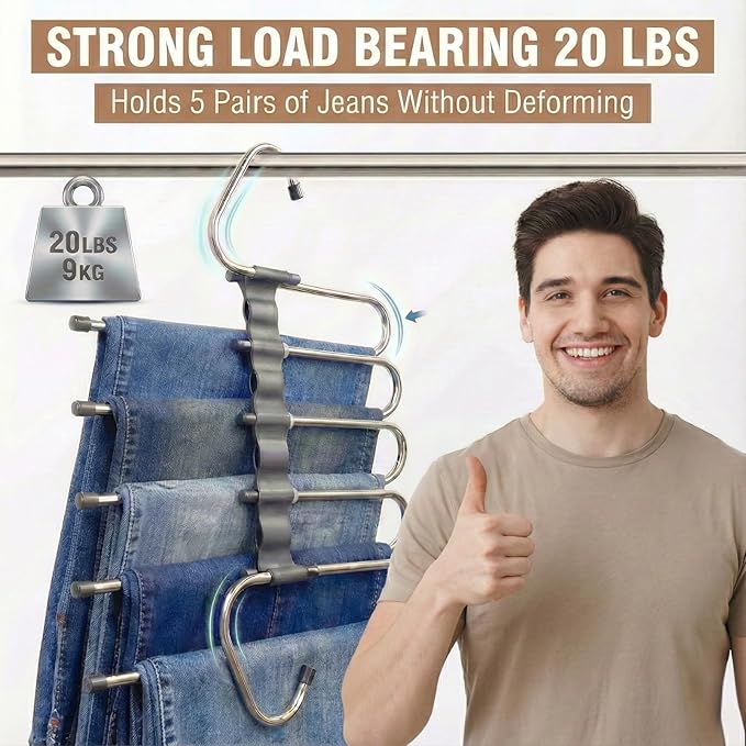 Pants Hangers Space Saving, 5 Tier Jeans Hanger for Closet, Black Multiple Heavy Duty Stainless Steel Pant Rack for Trousers, Legging with 20 Clips (4 Pack)