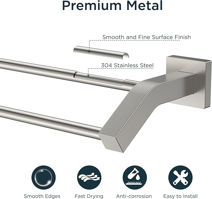 FORIOUS Double Towel Bar 30", Bathroom Towel Rack Square Brushed Nickel | Heavy Duty Towel Racks for Bathroom Bedroom, Space Saving, Rustproof, Stainless Steel Towel Holder, Total Length 32 Inch