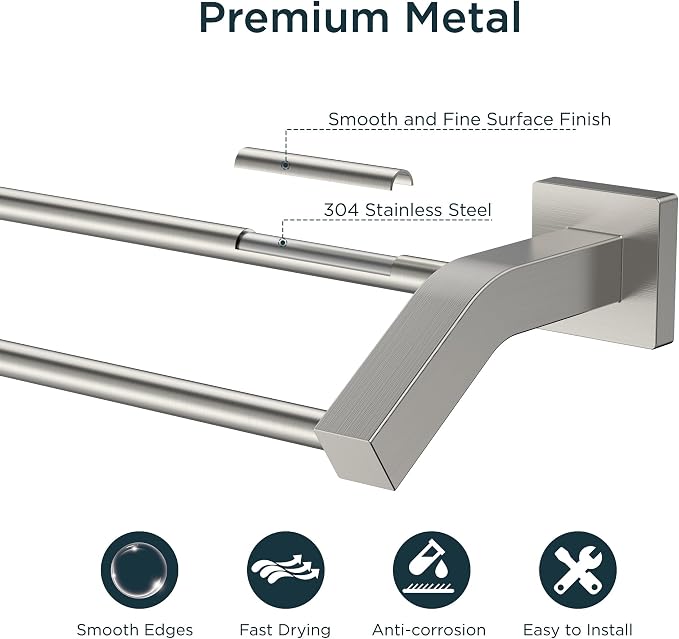 FORIOUS Double Towel Bar 24", Bathroom Towel Rack Square Brushed Nickel | Heavy Duty Towel Racks for Bathroom Bedroom, Space Saving, Rustproof, Stainless Steel Towel Holder, Total Length 26 Inch