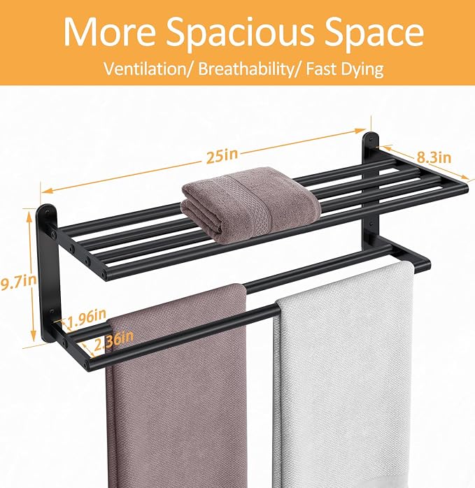 Double Towel Racks for Bathroom, Towel Shelf with Double Towel Bar 24 inch, Towel Rack with Shelf for Bathroom, Stainless Steel Towel Holder Wall Mounted, Towel Storage for Bathroom Lavatory Black
